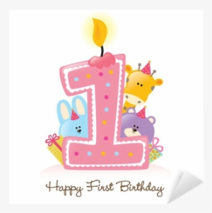 Happy First Birthday Candle And Animals Isolated On - Happy 1st Birthday #3593797