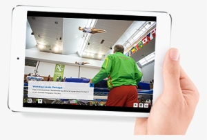 Human Hand Holding An Ipad Showing The Trampolonepics - Hands Holding Ipad Png #3596410