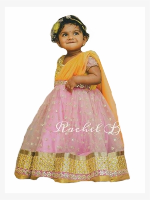 Pink Yellow Netted Indo Western Gown - Banaras Indo Western Dress For Girls #3615176