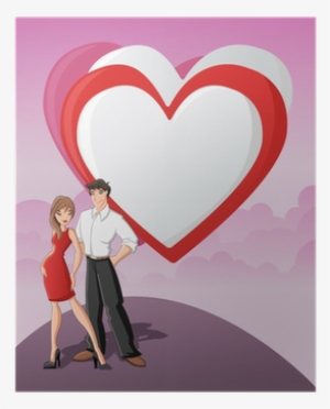 Cartoon Young Love Couple With A Big Red Heart Poster - Cartoon #3640369
