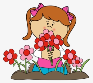 Girl Picking Valentine's Day Flowers Clip Art - Girl With Flowers Clipart #3670152
