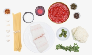 Spicy Cod Puttanesca Pasta With Spaghettini & Pickled - Spaghetti Ingredients Top View Png #374224