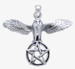 White Bronze Flying Owl With Pentagram Pendant - Pendant #3819750