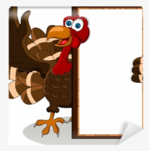Happy Turkey Cartoon With Blank Board Wall Mural • - Illustration #3823255