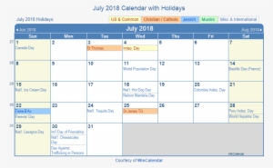 July 2018 Printable Calendar With Us Holidays Including - July 2018 Calendar With Holidays #390094