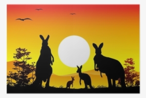 Australia Sunset With Kangaroo Family Silhouette Poster - Bouncy Knock Knock Jokes #393386