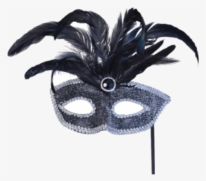Silver Masquerade Mask Png Download - Black Mask/silver Trim + Feathers On Stick #3948580