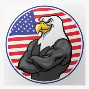 Eagle Mascot Show The Muscle With American Flag Background - Statue Of Liberty New York Bumper Sticker 4x4 #3970477