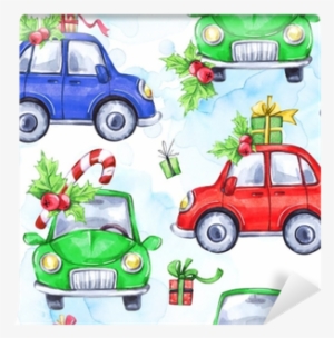 Watercolor Seamless Pattern With Cartoon Holidays Cars - New Year #42832 Watercolor Seamless Pattern With Cartoon Holidays Cars - New Year #42832
