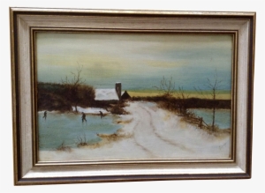 Lange, Primitive Folk Art Ice Skating Winter Scene - Art #45661