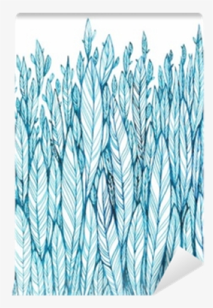 Pattern Of Blue Leaves, Grass, Feathers, Watercolor - Watercolor Painting #46202