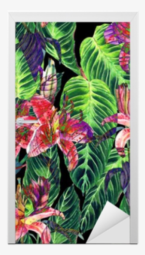 Pink Lilies And Exotic Calathea Leaves On Black Background, - Watercolor Painting #48878