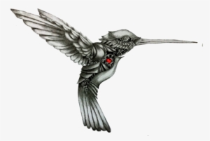 Grey Mechanical Hummingbird With Red Heart Tattoo Design - Mechanical Hummingbird Tattoo #409693
