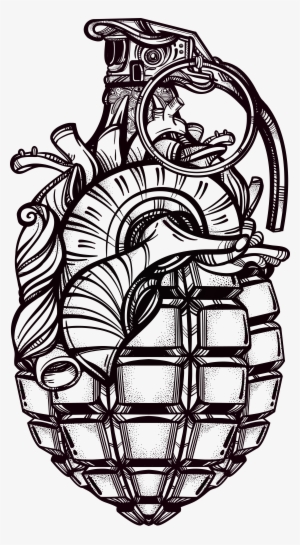 Clipart Transparent Library Tattoo Weapon Hand Painted - Grenade Heart #4001962