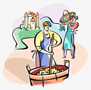 Vector Illustration Of Vineyard Workers Making Wine - Clip Art Food Processing #4013835