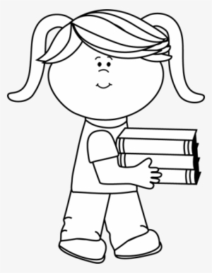 Black And White Little Girl Carrying A Stack Of Books - Black And White Girl Clipart School #4023128
