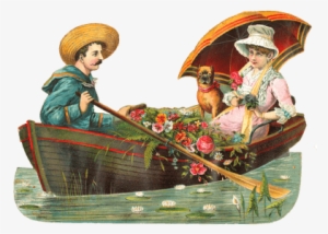 Couple On A Boat With Dog Victorian Vintage - Romantic Boat Png #4037119
