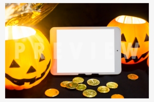 Android Tablet On Top Of Black Cloth Surrounded By - Jack-o'-lantern #4056133
