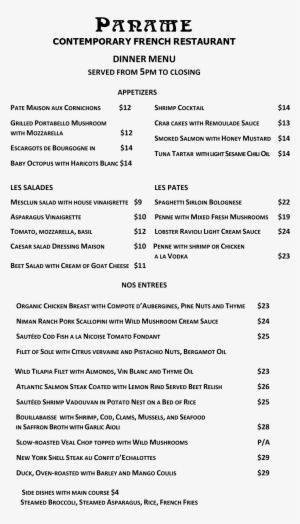 Paname French Restaurant Dinner Menu - Rumpelstiltskin Script #4078351