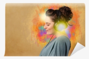 Young Woman With Headphones Listening To Music Wall - Music #4086989