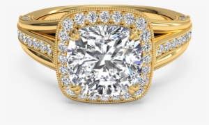 Designer Halo Cushion Cut Engagement Ring With Milgrain - Beautiful Diamond Ring Gold #419374