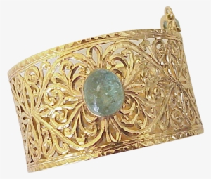 18k Gold Wide Filigree Bangle Bracelet Emerald Cabochon #4125168