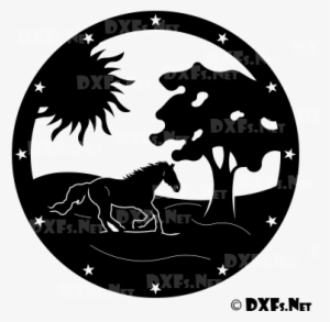 Running Horse With Sun And Tree Design For Cnc Cutting - Autocad Dxf #4127464
