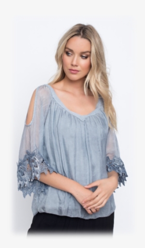 Cold Shoulder Silk Blouse W/ Flower Lace - Lace #4140992
