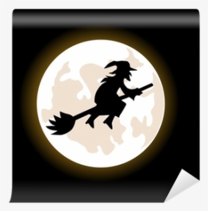 A Cartoon Witch Flying On A Broomstick Wall Mural • - Witch Flying Across Night Sky #4146627
