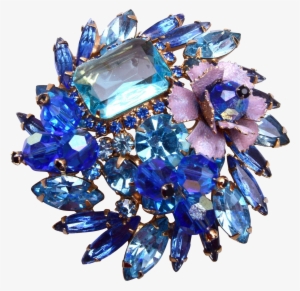 D&e Blue Crystal, Rhinestone And Enameled Flower Brooch - Crystal #4159944