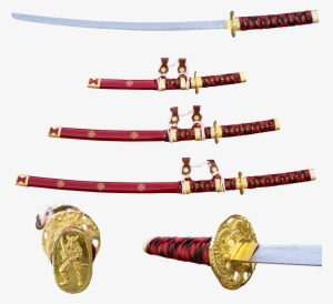 3 Pc Red Gold Rush Katana Sword Set - Katana #4163573