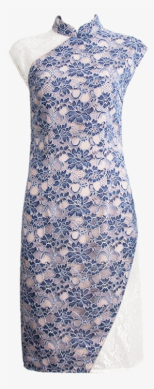 Yu Light Denim Blue Lace-panel Cheongsam - Blue #4169406 Yu Light Denim Blue Lace-panel Cheongsam - Blue #4169406