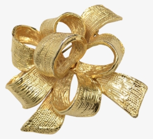 Heavy Gold Plated Christmas Ribbon Bow Textured Brooch - Brass #4179871