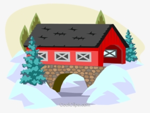 Winter Scene Royalty Free Vector Clip Art Illustration - Covered Bridge Clip Art #4201798