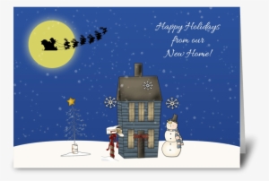 Snow Scene, Christmas Greeting New Home Greeting Card - Santa And His Reindeer Bib #4201824