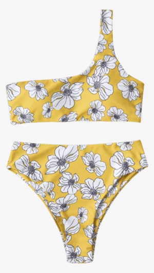 Brown S Shoulder One Bikini Waisted High Golden Flower - Bikini #4209687