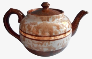 English Teapot Brown Mottled Glaze Blue Splatter Bands - Teapot #4250083
