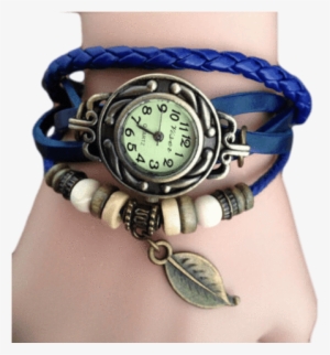 Romira Blue Charm Bracelet & Watch - Women Lady Braided Leather Leaf Bracelet Watch Vintage #4253344