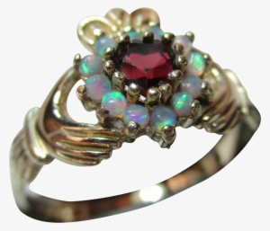 Pretty Vintage 9ct Solid Gold Opal Garnet Heart Shaped - Opal Claddagh Ring #4298369
