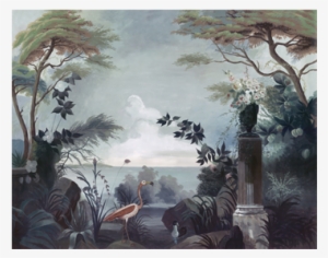 “le Jardin Au Flamant Rose” Wallpaper - Technique A La Zuber Gris Coloré Panoramique Foret #434817