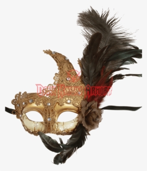 Feathered Golden Lace Masquerade Mask #4348197