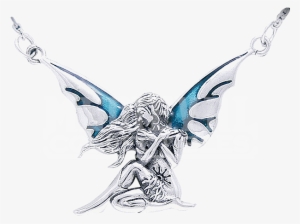 White Bronze Dark Wings Fairy Necklace - Carolina Glamour Collection Sterling Silver Teal Enameled #4410940