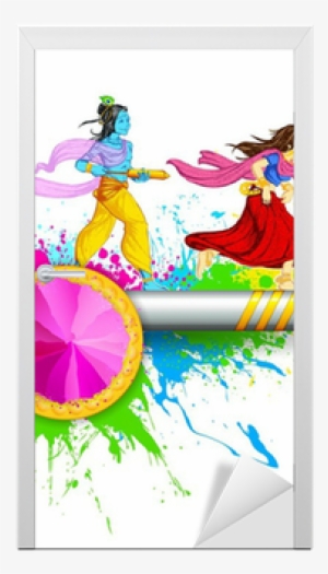 Radha And Lord Krishna Playing Holi Door Sticker • - Holi Hindu God #4433260