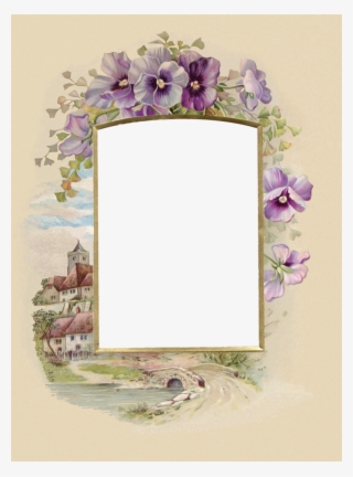 Beautiful Frame With Purple Pansies And Village #4483961