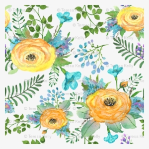 Tk-watercolor Yellow Teal Roses Berries - Flower Fabric - Tk-watercolor Yellow Roses Purple Flowers #455994