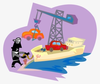 Vector Illustration Of Automobiles Being Loaded By - Ship #4557671
