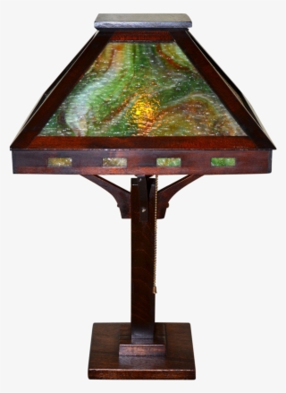 Arts And Crafts Slag Glass Mahogony Table Lamp With - Lampshade #4557785