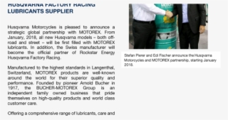 Husqvarna Motorcycles Partners With Motorex - Motorcycle #4632534