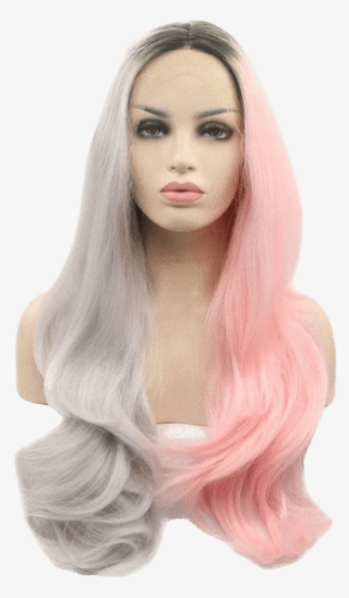 Pink & Grey Split Long Lace Front Wig - Xiweiya Long Natural Wavy Short Dark Root Ombre Pink #4814329