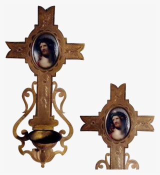 Old Wall Cross Holy Water Font And Porcelain Picture - Brass #4827149